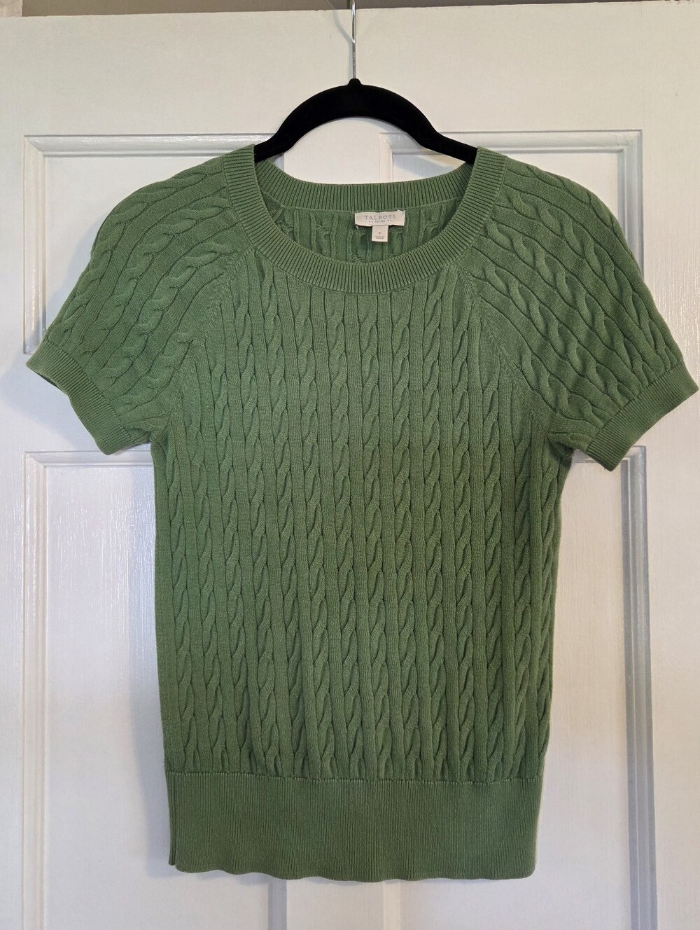 Talbots 100% Cotton Sage Green Cable Knit Short Sleeve Sweater
